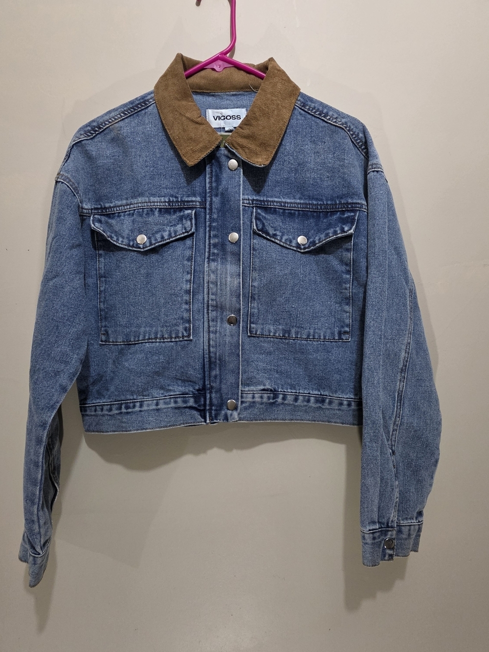 VIGOSS Cropped Denim Jacket Small Corduroy Collar Snap Front Blue